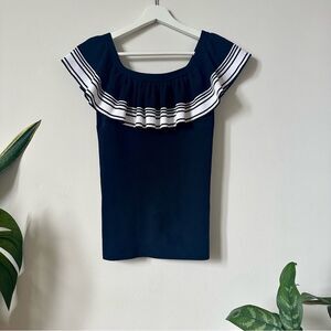Autumn Cashmere Off the Shoulder Top with Stripe Ruffle Neckline Size S